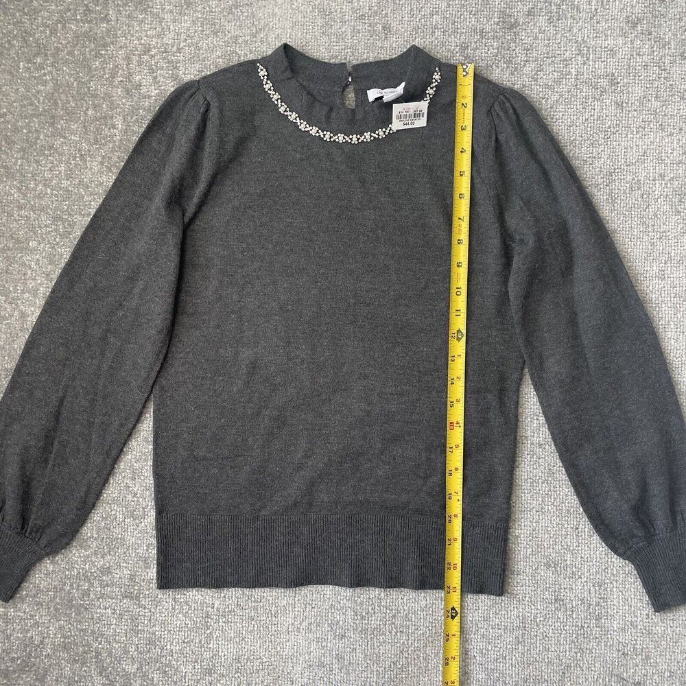 Liz Claiborne Sweater Womens XS Grey Crystal Pearl Detail Soft Knit Top NEW - Picture 8 of 9